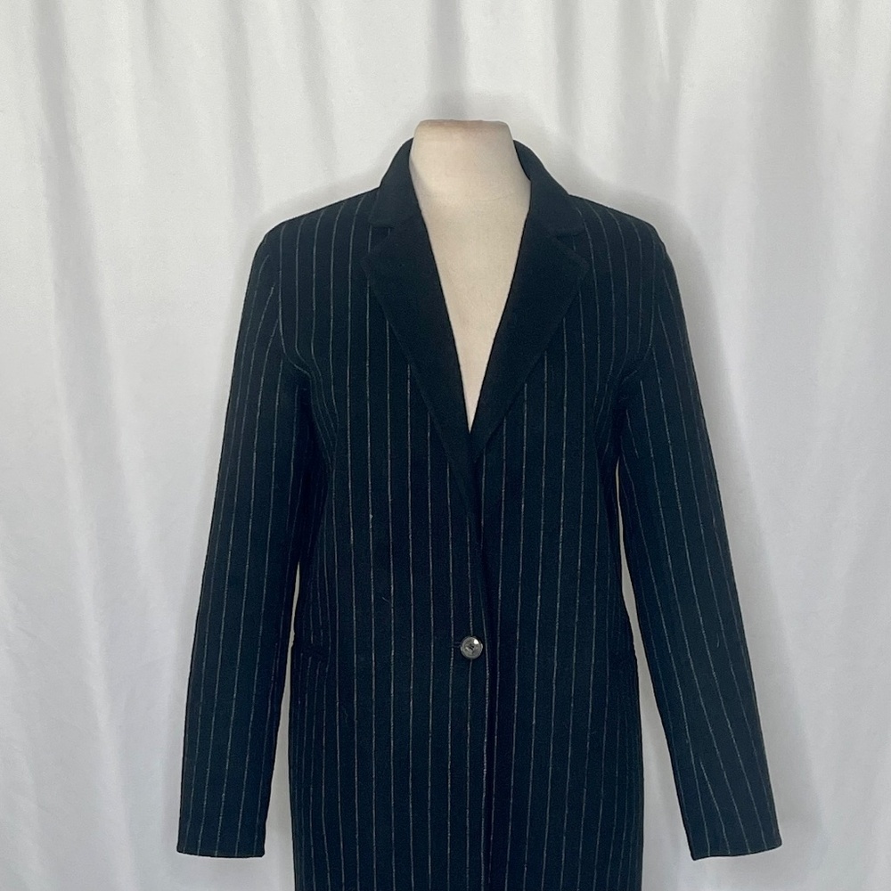 SANDRO Paris Felted Wool Long Coat Black Gray Pinstripe Stripe Size 1 / US 4 - Picture 4 of 15